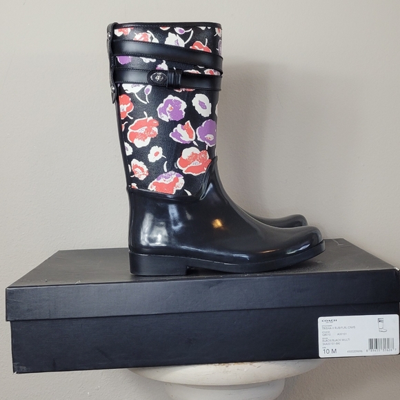 Coach Traisha II Black Floral Print Leather Trim Rain Boots Q8010 Size 10 - Picture 1 of 7